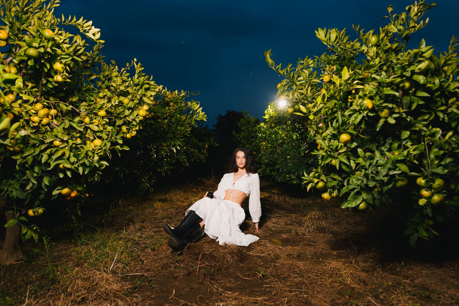 A woman in a white long-sleeve top and white skirt sits on the ground in a citrus grove at night, surrounded by glowing ripening oranges under a dark blue sky.